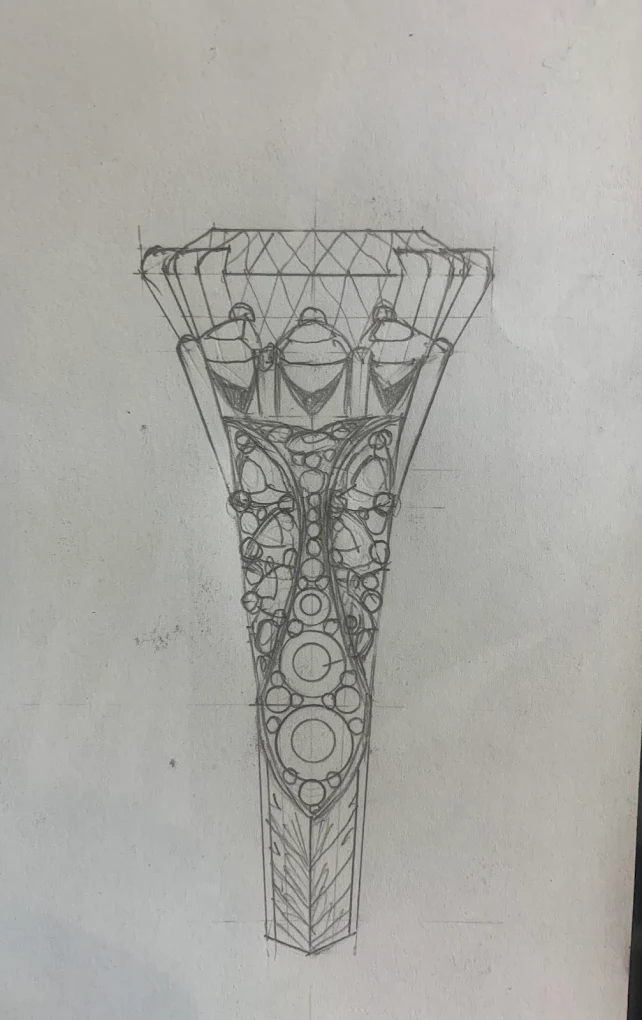 Original pencil sketch of a ring setting with intricate scrollwork and stone details
