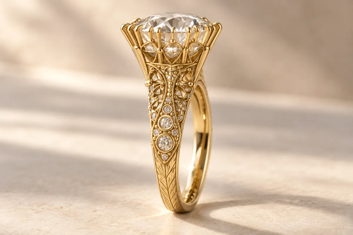 AI-generated ring design visualization based on the original ornamental setting sketch