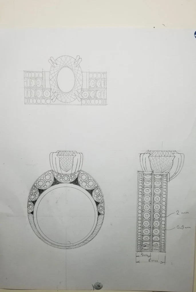 Original pencil ring design with front and side views and handwritten dimensions